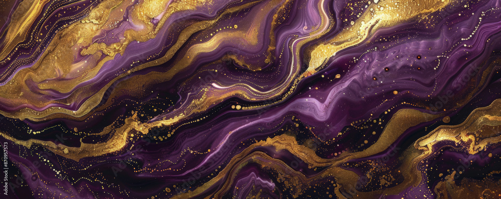 A mesmerizing pattern of liquid acrylic paint in shades of purple and gold, creating a luxurious, flowing texture. The rich colors blend seamlessly, adding depth and elegance. A mesmerizing pattern of liquid acrylic paint in shades of purple and gold, creating a luxurious, flowing texture. The rich colors blend seamlessly, adding depth and elegance.