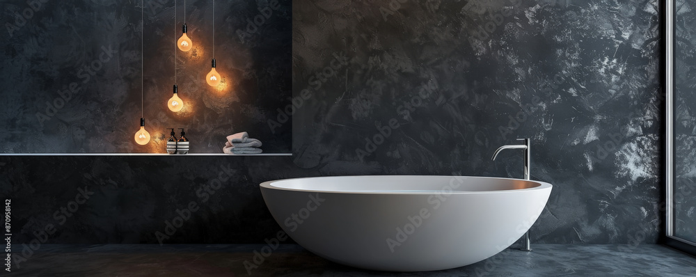 A modern bathroom with a freestanding tub and sleek fixtures, set against a dark, matte black wall. The dark background creates a luxurious and spa-like atmosphere. A modern bathroom with a freestanding tub and sleek fixtures, set against a dark, matte black wall. The dark background creates a luxurious and spa-like atmosphere.