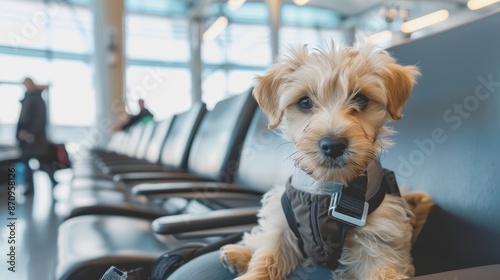 Adorable Dandie Dinmont Terrier Puppy in Travel Harness at Busy Airport Lounge photo