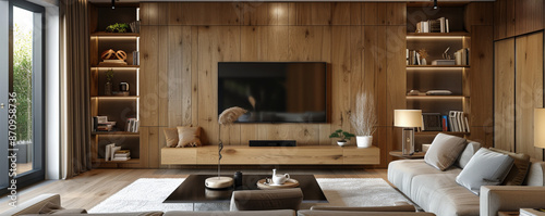 A modern wooden living room with a TV on a custom-built wooden wall, stylish shelves, and cozy furniture. Warm wood tones and soft fabrics for a comfortable space.