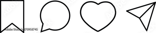 Like, comment, share, and save icon vector of social media. Love, speech bubble, paper plane, favorite.eps10