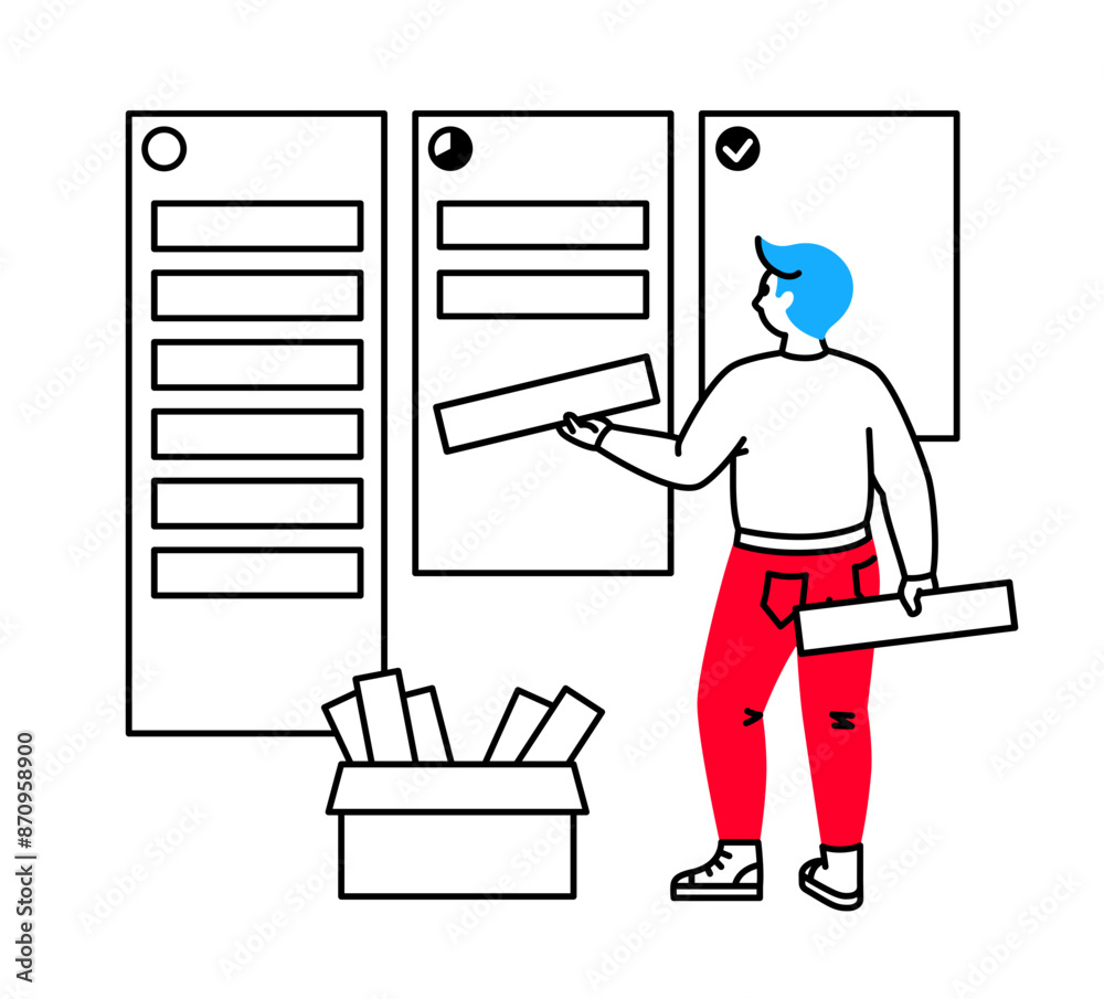 Man places cards on a Kanban board Man places cards on a Kanban board