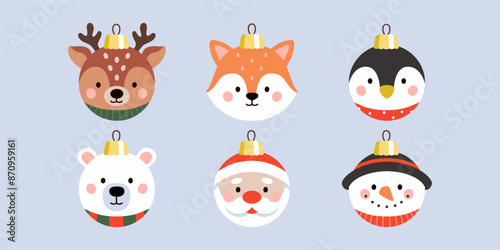 Cute Christmas baubles set with animals, snowman, Santa, bear, penguin, reindeer and fox vector illustration.