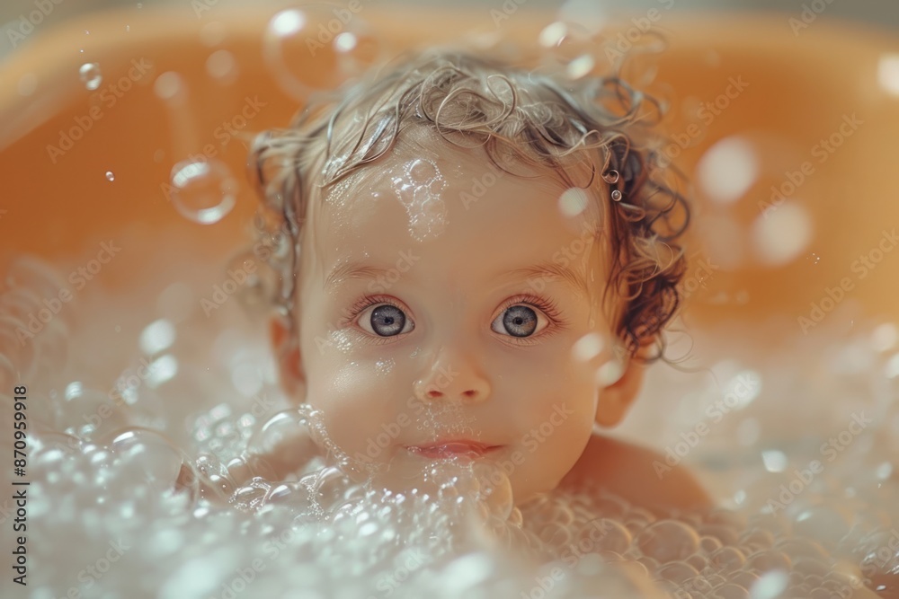 funny little baby in bath with foam and bubbles. ai generative funny little baby in bath with foam and bubbles. ai generative