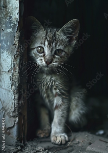 Neglected cat abandoned in a shelter, real illustration of poor animal.