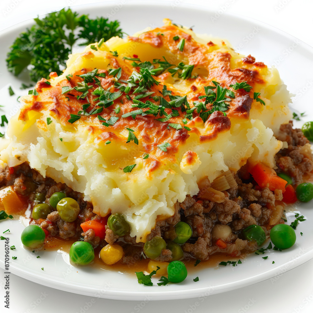 A plate of British shepherd’s pie, with a layer of mashed potatoes atop minced meat and vegetables, garnished with fresh parsley, isolated on white background. A plate of British shepherd’s pie, with a layer of mashed potatoes atop minced meat and vegetables, garnished with fresh parsley, isolated on white background.