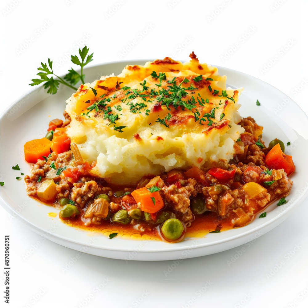 A plate of British shepherd’s pie, with a layer of mashed potatoes atop minced meat and vegetables, garnished with fresh parsley, isolated on white background. A plate of British shepherd’s pie, with a layer of mashed potatoes atop minced meat and vegetables, garnished with fresh parsley, isolated on white background.