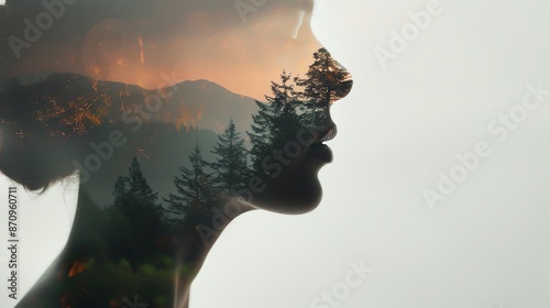 Double exposure portrait of a woman's silhouette superimposed with a serene nature scene of mountains and trees, creating a dreamy, artistic effect.