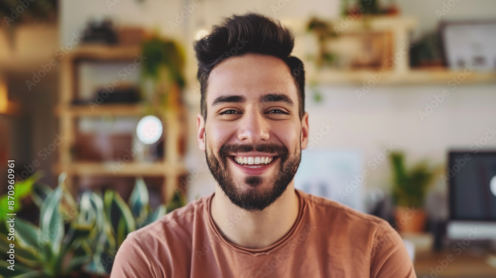 Fototapeta premium Portrait of happy man with beard at home. 