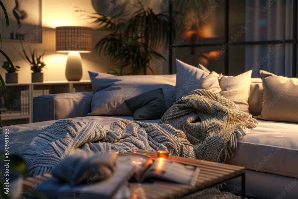 Cozy Living Room Scene with Pillows and Candles for Relaxation and Comfort Cozy Living Room Scene with Pillows and Candles for Relaxation and Comfort