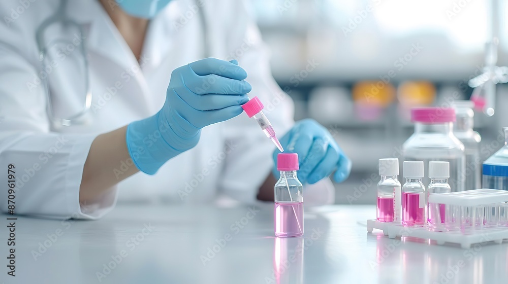 A scientist in a lab coat and gloves carefully dispenses liquid from a pipette into a vial. A scientist in a lab coat and gloves carefully dispenses liquid from a pipette into a vial.