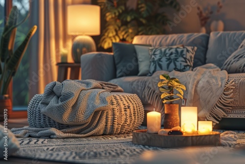 Cozy Living Room with Ambient Lighting and Plush Cushions for Relaxation