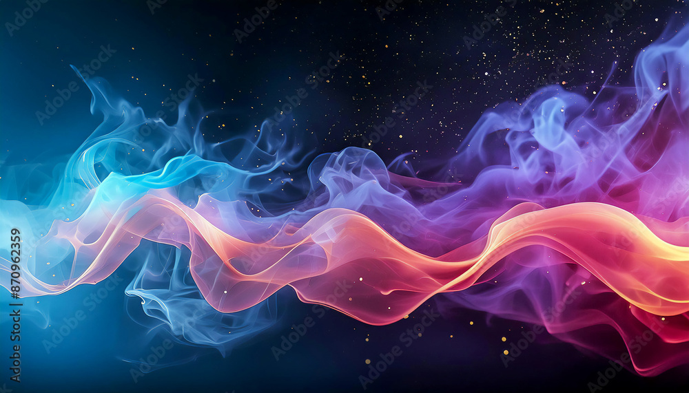 Fototapeta premium Neon colored smoke flying in outer space, with small flying particles of light, on a black background, with empty place for inscription