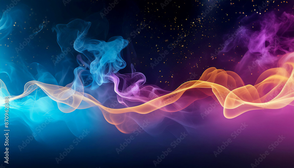 Fototapeta premium Neon colored smoke flying in outer space, with small flying particles of light, on a black background, with empty place for inscription