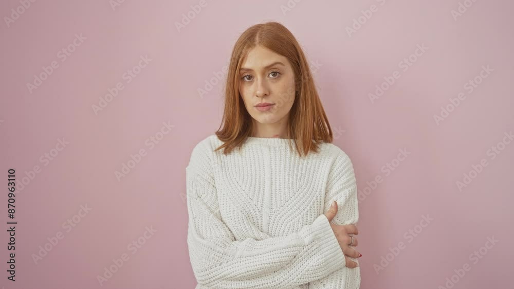Confident young redhead woman, rocking a simple sweater, looking seriously at the camera, standing isolated over a pink background - a natural, earnest expression Confident young redhead woman, rocking a simple sweater, looking seriously at the camera, standing isolated over a pink background - a natural, earnest expression
