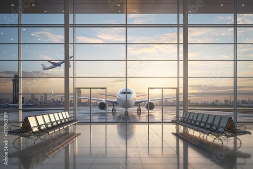 Photo of an airport departure lounge with a plane in the background outside, visible through the huge terminal window. Travel and tourism concept.