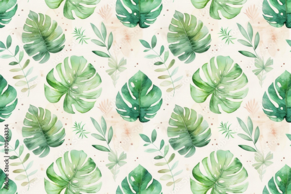 Tropical Monstera and Palm Leaves Pattern on a Beige Background for Wallpaper Design Tropical Monstera and Palm Leaves Pattern on a Beige Background for Wallpaper Design