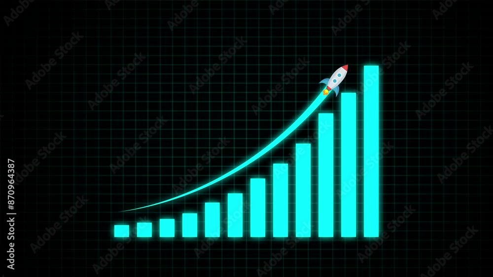 Arrow Rising On Graph With rocket Sale Symbols. Abstract business growth and graph chart icon animation background.