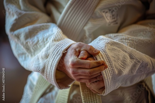 Athlete's Hands Tightening Judo Gi, Symbolizing Readiness and Discipline in an Olympic Setting