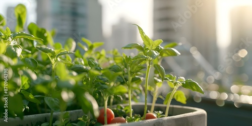 City rooftop gardens and community farms promote local sustainable food sources. Concept Urban Agriculture, Rooftop Gardens, Community Farms, Sustainable Food, Local Produce photo