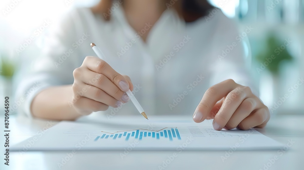 Closeup of a woman's hands analyzing a graph with a pencil. Closeup of a woman's hands analyzing a graph with a pencil.