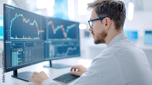 Man in glasses analyzing financial data on computer screens.