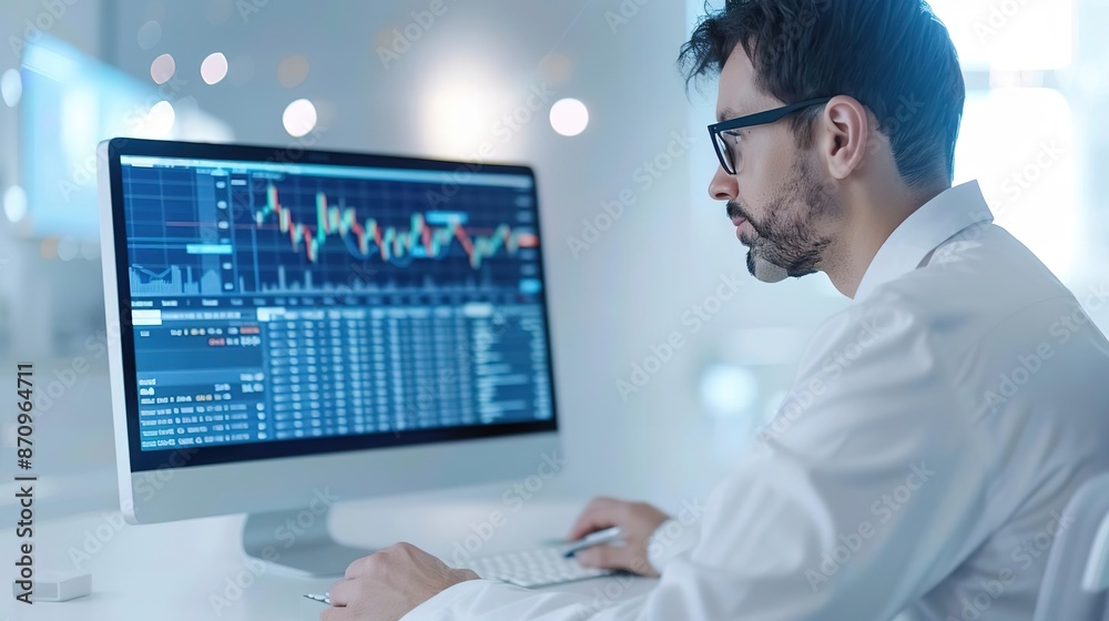A businessman analyzing financial data on his computer. A businessman analyzing financial data on his computer.