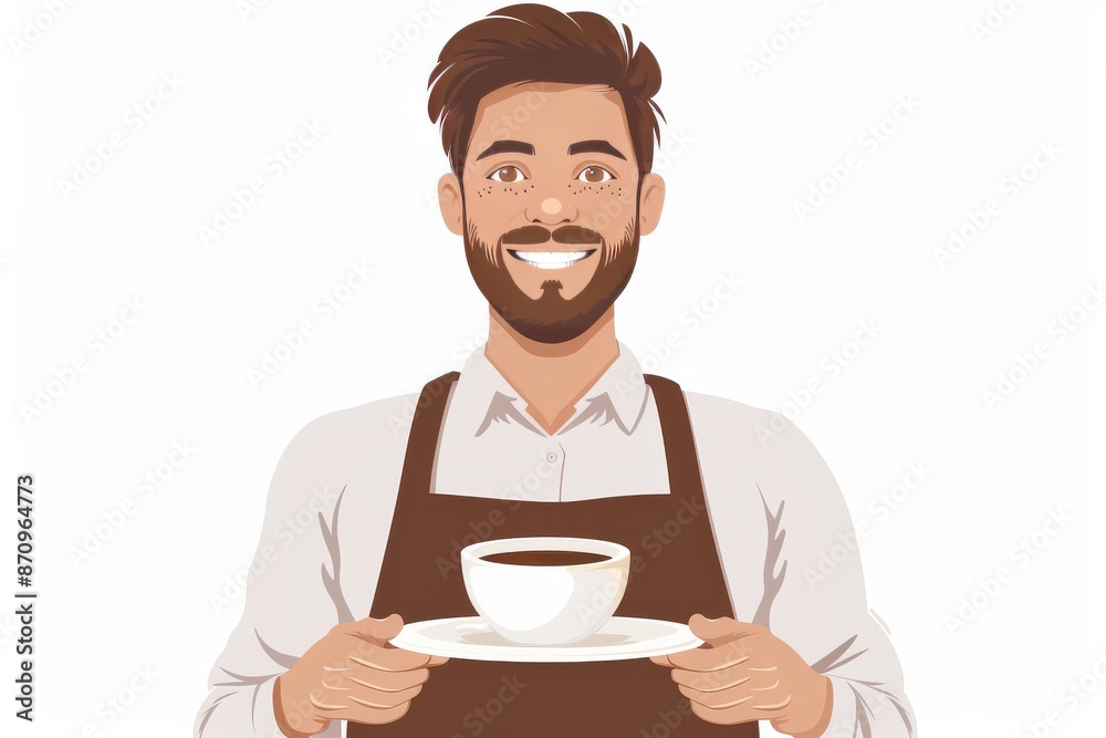Cartoon illustration of a barista holding a cup of coffee with a welcoming smile Cartoon illustration of a barista holding a cup of coffee with a welcoming smile