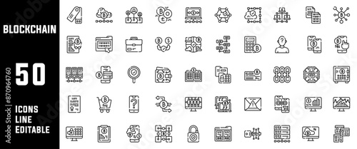 50 Blockchain Icons Set Line Editable Vector Illustration