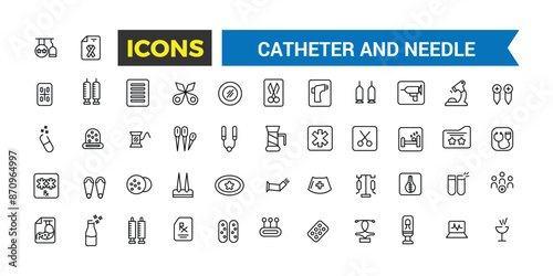 Catheter and Needle icons set. Outline icons pack. Editable vector line icon set and illustration for web and UI application.