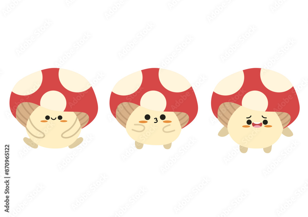 Cute red mushroom character design different expression in kawaii style. Isolated on white background Cute red mushroom character design different expression in kawaii style. Isolated on white background