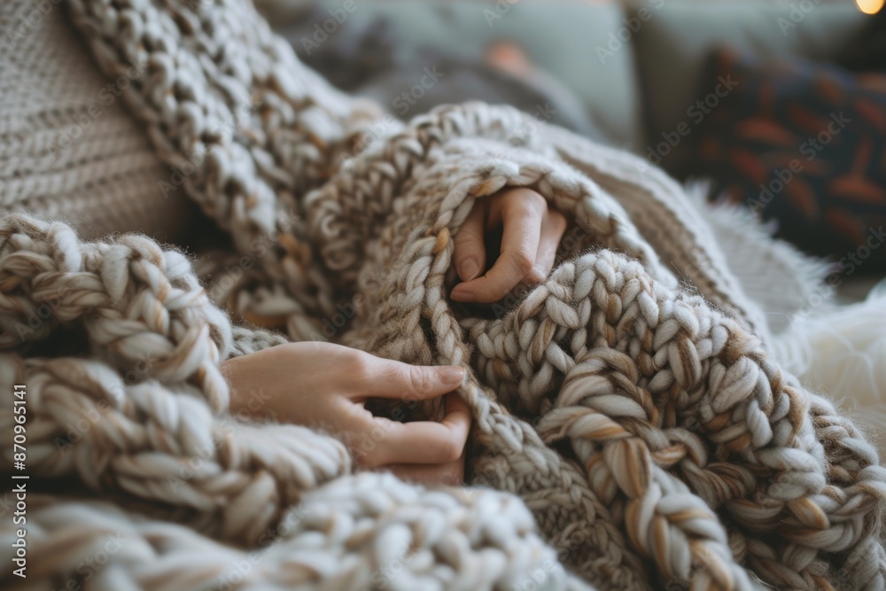 Cozy Winter Knitting: Hands Creating Warm Scarf in Soft Living Room Ambiance Cozy Winter Knitting: Hands Creating Warm Scarf in Soft Living Room Ambiance