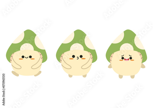 Cute green mushroom character design different expression in kawaii style. Isolated on white background