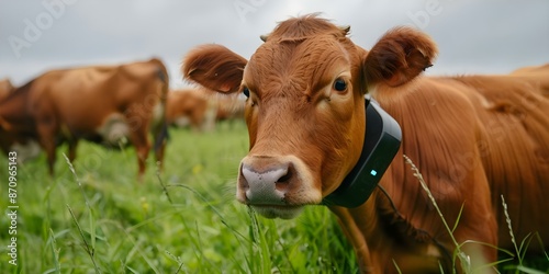 Fototapeta Naklejka Na Ścianę i Meble -  Wearable tech for livestock monitoring ensures animal welfare and productivity. Concept Agriculture, Livestock Monitoring, Wearable Technology, Animal Welfare, Productivity