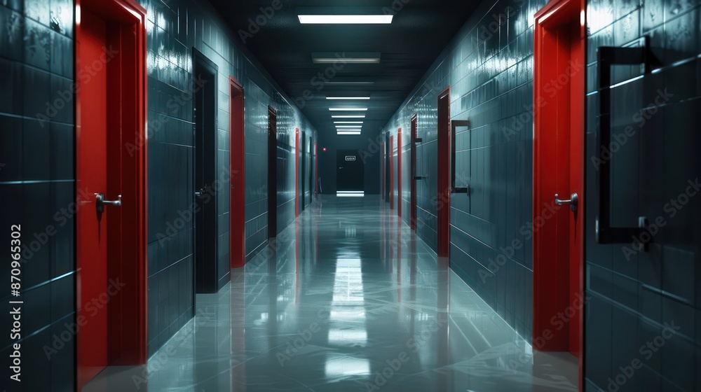 Dimly lit corridor with red doors and reflective floor surface. Dimly lit corridor with red doors and reflective floor surface.