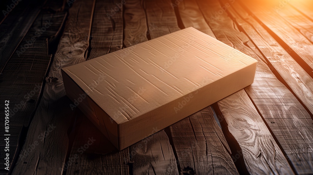 A blank cardboard box mockup on a rustic wooden table, with a warm light casting a cozy glow. A blank cardboard box mockup on a rustic wooden table, with a warm light casting a cozy glow.