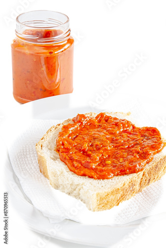 A slice of bread spread with lutenitsa.
