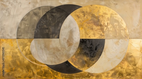 oil painting in the style of  geometric and circular shapes, abstract, gold, and neutral colors, stylish, minimalist