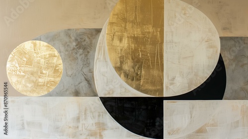 oil painting in the style of  geometric and circular shapes, abstract, gold, and neutral colors, stylish, minimalist