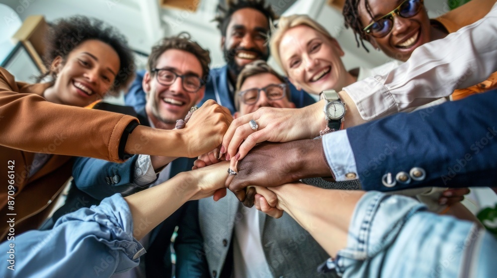 Fototapeta premium A diverse group of professionals in a modern office celebrates their achievements with a stack of hands, showing unity and teamwork
