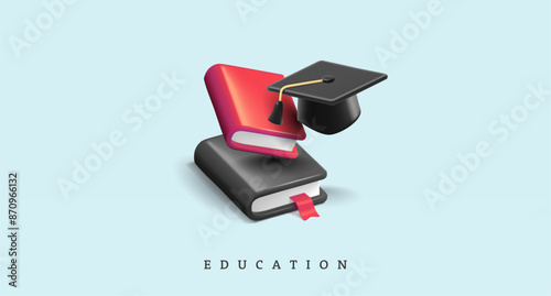 Books and a graduate cap, 3D. Banner for concepts of education, online courses, science, library, self-development, and lifestyle. Vector