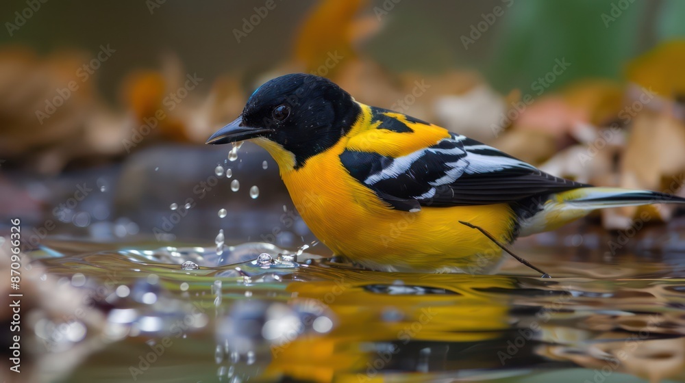 Fototapeta premium A vibrant black and yellow bird splashes water among autumn leaves.