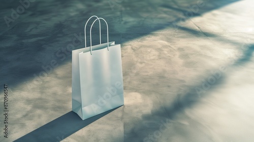 A blank paper shopping bag mockup standing upright on a concrete floor, with dramatic lighting creating strong shadows.