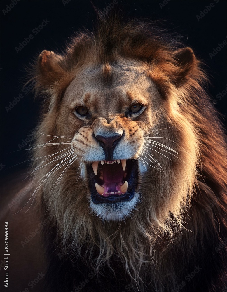 Naklejka premium aggressive close up of a lion, male lion growling and showing teeth