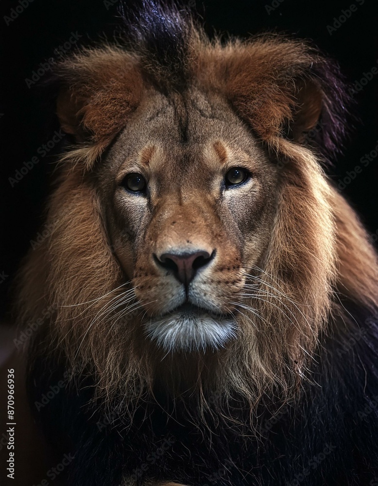 portrait of a lion, aggressive look on mature male lion, dark drama light portrait of a lion, aggressive look on mature male lion, dark drama light