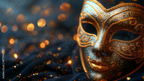 Beautiful Venetian masks on a dark silk background, close-up © Anatoli