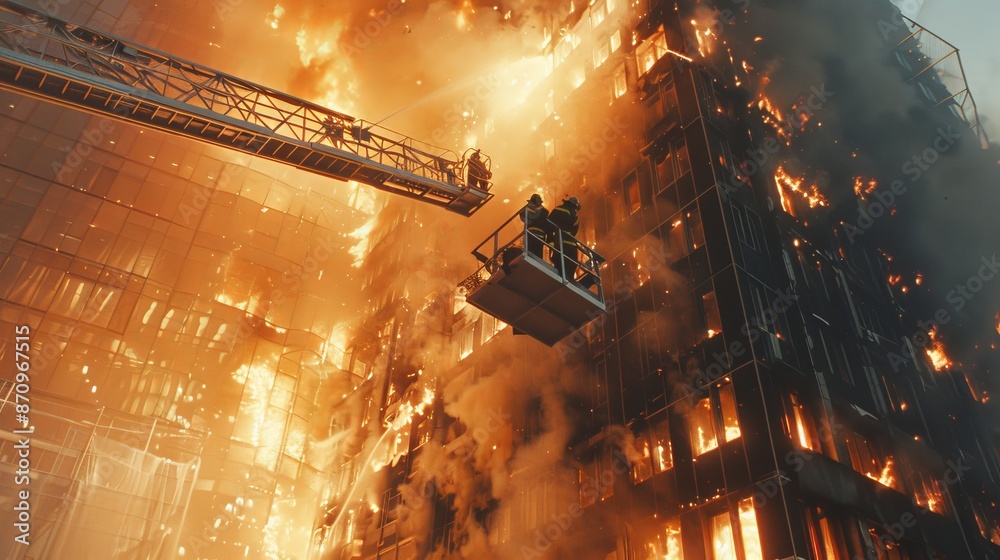 Firefighters using lift to extinguish building fire in cinematic style realistic image Firefighters using lift to extinguish building fire in cinematic style realistic image