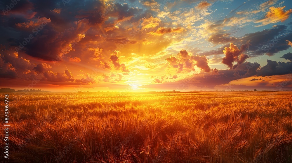 A field of golden wheat with a bright orange sun in the sky A field of golden wheat with a bright orange sun in the sky