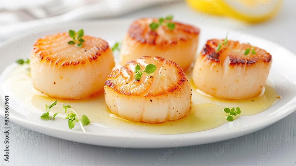 Eye-Level Angle, a beautifully plated seafood dish with seared scallops, garnished with microgreens and drizzled with lemon butter sauce on a white porcelain plate, emphasizing gou Eye-Level Angle, a beautifully plated seafood dish with seared scallops, garnished with microgreens and drizzled with lemon butter sauce on a white porcelain plate, emphasizing gou