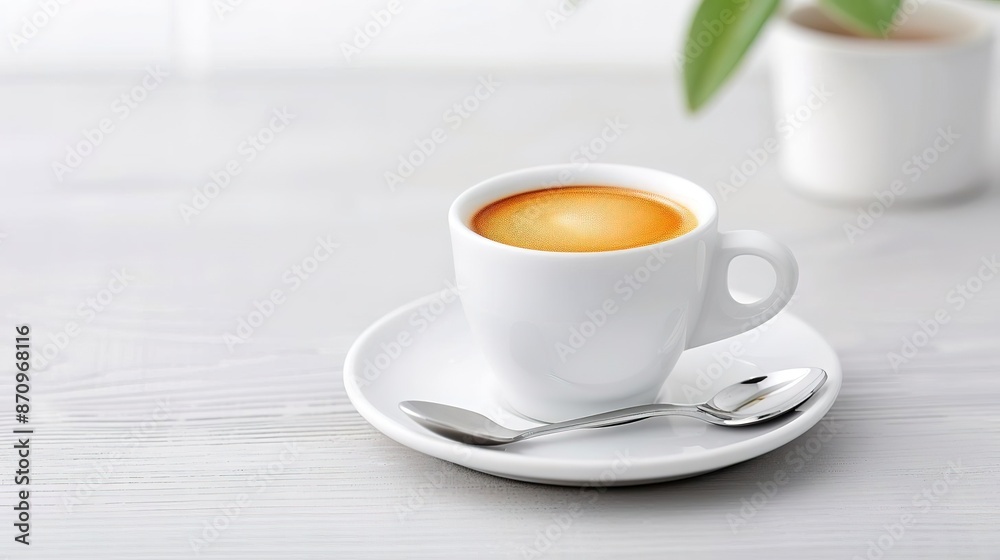 Eye-Level Angle, a freshly brewed espresso in a small white porcelain cup, with a perfect crema layer, placed on a saucer with a silver spoon, showcasing the rich aroma and texture Eye-Level Angle, a freshly brewed espresso in a small white porcelain cup, with a perfect crema layer, placed on a saucer with a silver spoon, showcasing the rich aroma and texture